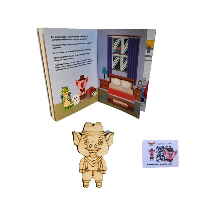 Set educativ Coco porcusorul aventurier - Un volum ilustrat + audiobook toate 9 volume (cod QR) + figurina lemn de pictat