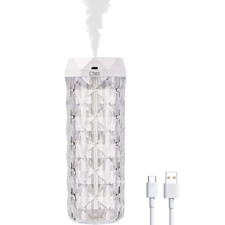 Umidificator De Aer Cu Ultrasunete SIKS Modern Cu Design De Tip Lampa Decorativa Cu Lumini LED Ambientale Crystal, Difuzor De Aroma Terapie, Capacitate 1L, Functionare Continua 10 Ore, 24 x 9 cm, Transparent