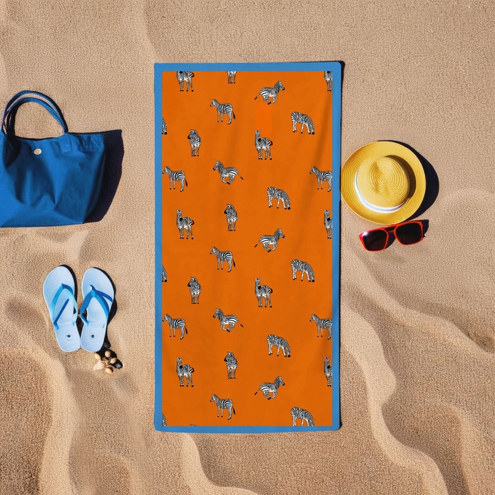 Плажна кърпа, цветна памучна, зебра, оранжева, 75x150 см