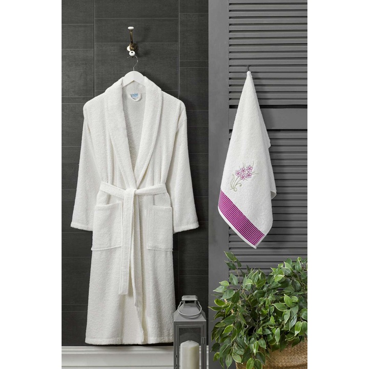 Női fürdőköpeny szett Cora, Colorful Cotton, 100% pamut, krém, méret L/XL, törölköző 45x85cm
