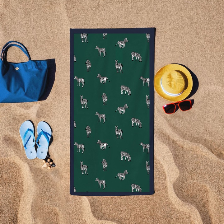 Плажна кърпа, цветна памучна, зебра, зелена, 75x150 см