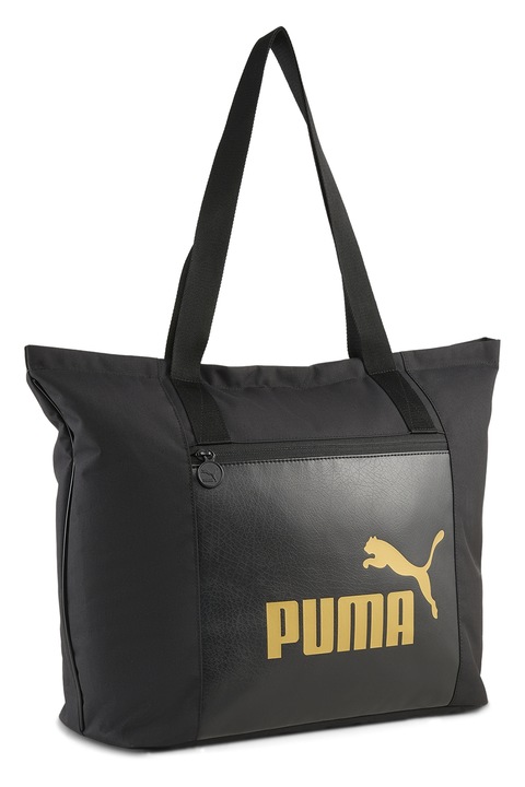 Puma, Geanta shopper din material textil cu buzunar frontal cu fermoar, Auriu, Negru
