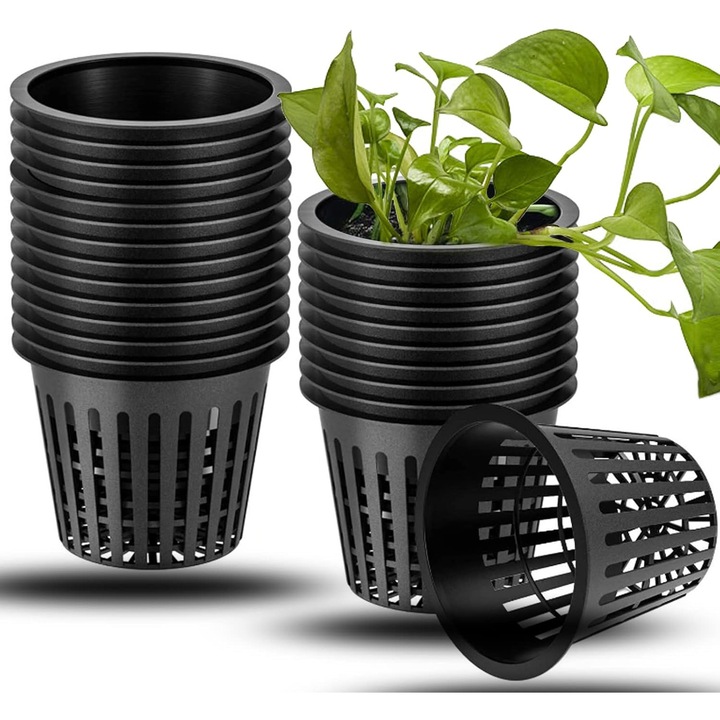 Pachet de 20 de cosuri pentru plante hidroponice, cos de plante pentru plante hidroponice, ghiveci din plasa pentru gradina hidroponica,, ghiveci cu galeata, negru