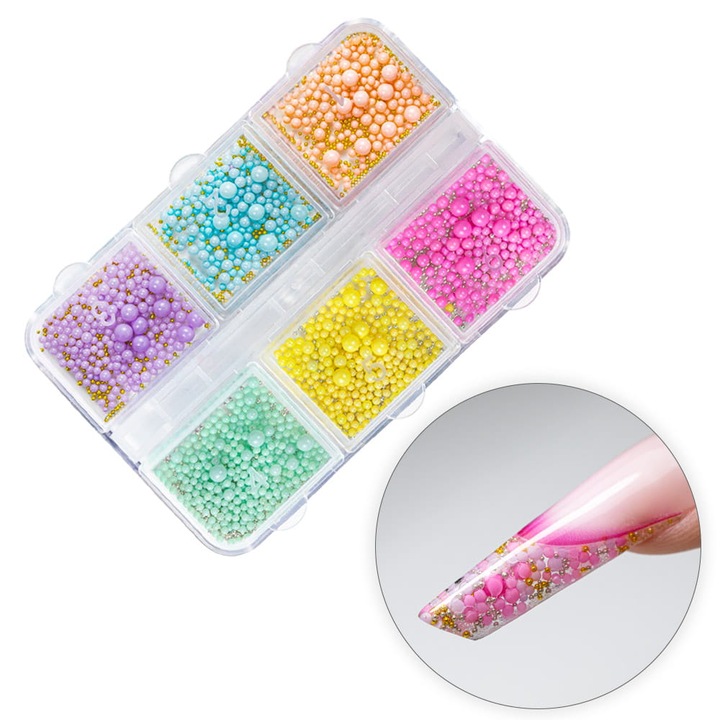 Színes gyöngykészlet körömdíszítéshez, GNB-LAB, 6 szín, különböző méretek, többszínű