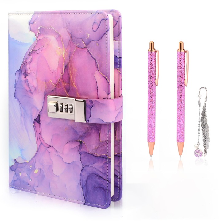 Set Caiete cu Parola TREXORA, 4 bucati, 180 file, 15x22cm, Violet, Piele PU