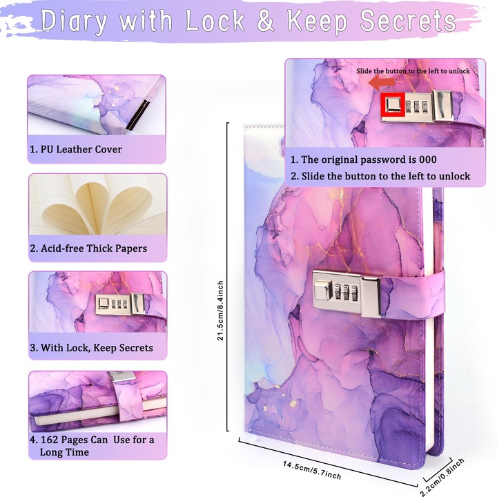 Set Caiete cu Parola TREXORA, 4 bucati, 180 file, 15x22cm, Violet, Piele PU