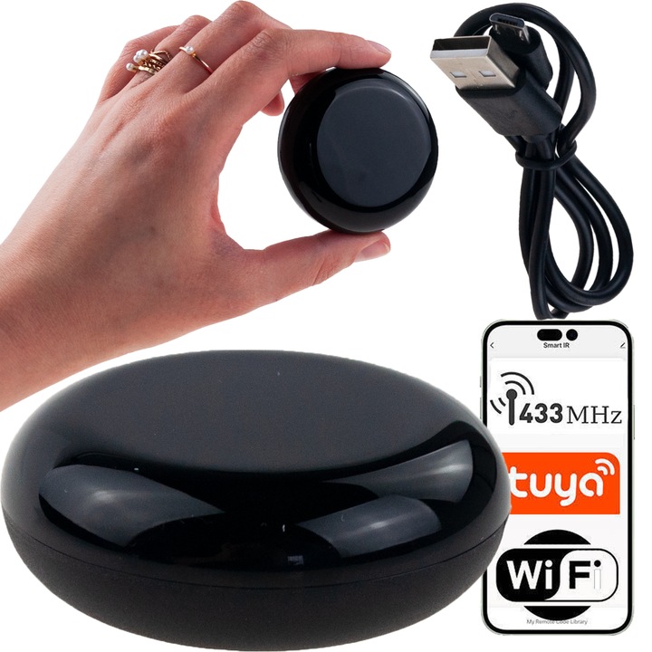 Умен WiFi IR хъб, гласово управление, 360°, черен, 73x73x32 мм, комплект с USB кабел и инструкции