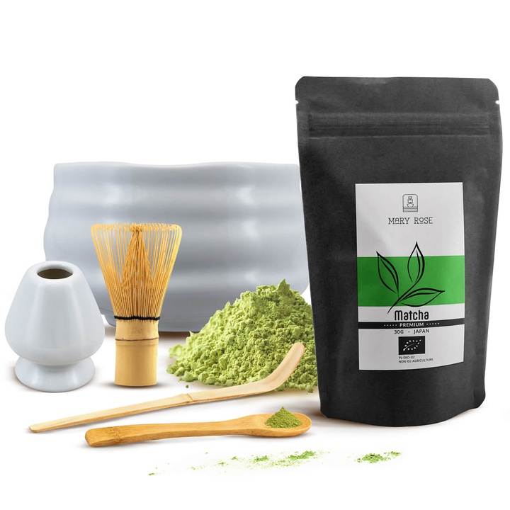 Matcha Teáskészlet BIO Premium Japan Mary Rose Zöld Tea Az Első Szüretből, 30 g Chasen, Chashaku, Fehér Tál, 500ml