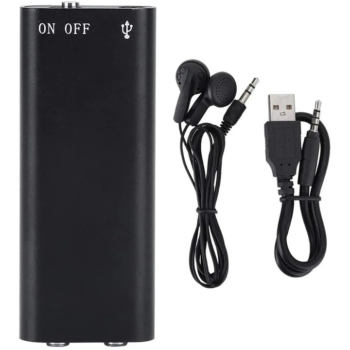 Reportofon mini USB 16GB, Ruffberg, detectie sunet VOR, 5x17x45mm, set cu casti