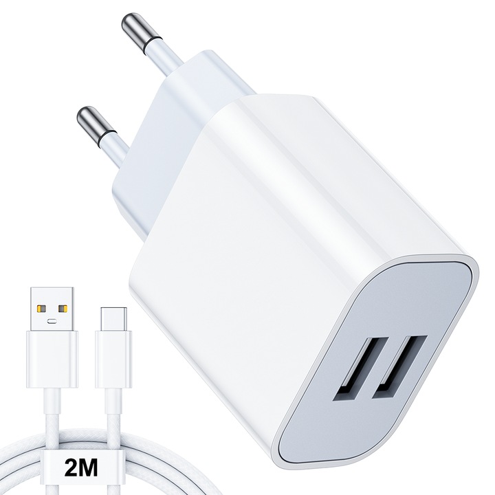 Incarcator Retea, Universal, Design Compact, 2 porturi USB-A si USB-C, cablu de date 2m, SEZAC, Alb