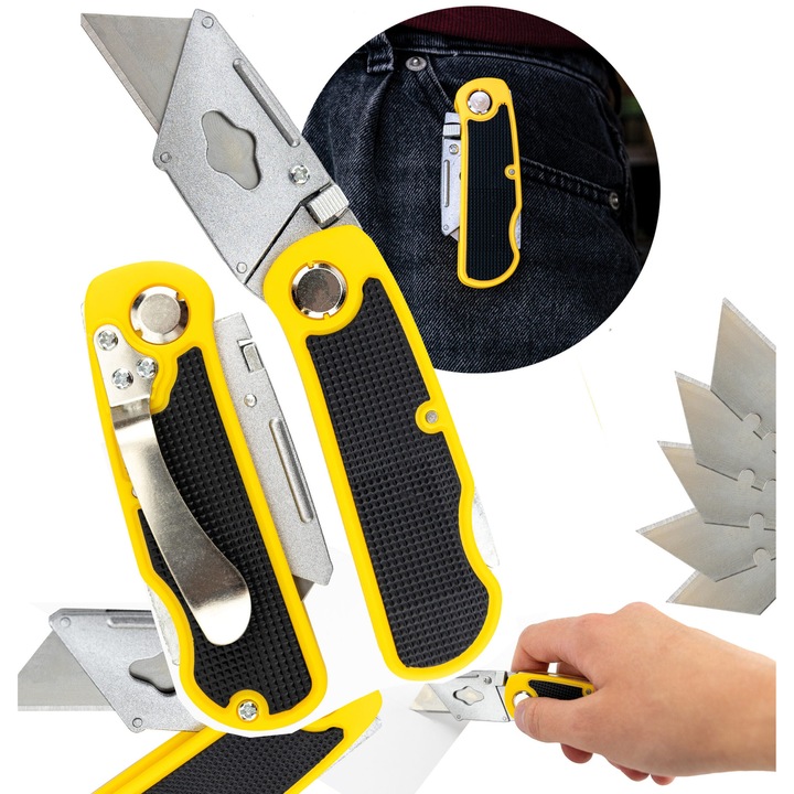 Cutter pliabil Ruffberg, lama trapez 18mm, 5 lame incluse, dimensiuni 9,2x15cm, multicolor