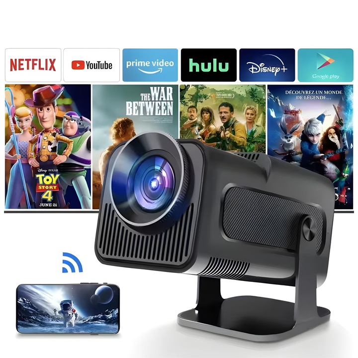 Videoproiector, Ruffberg F600, Full HD 1080p, suport 4K, Android 11, Wi-Fi 6, 1.2kg, 22cm, negru