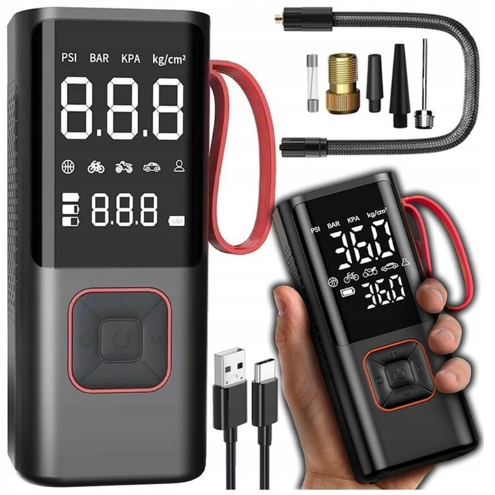 Compresor fara fir 80W cu acumulator 7800mAh, set cu 4 capete, lanterna LED, dimensiuni 17x7,5x5,5cm