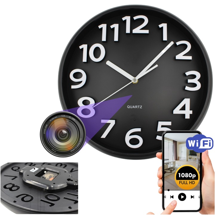 Camera spion ascunsa cu ceas Wi-Fi FHD, vedere de la distanta, detectare miscare