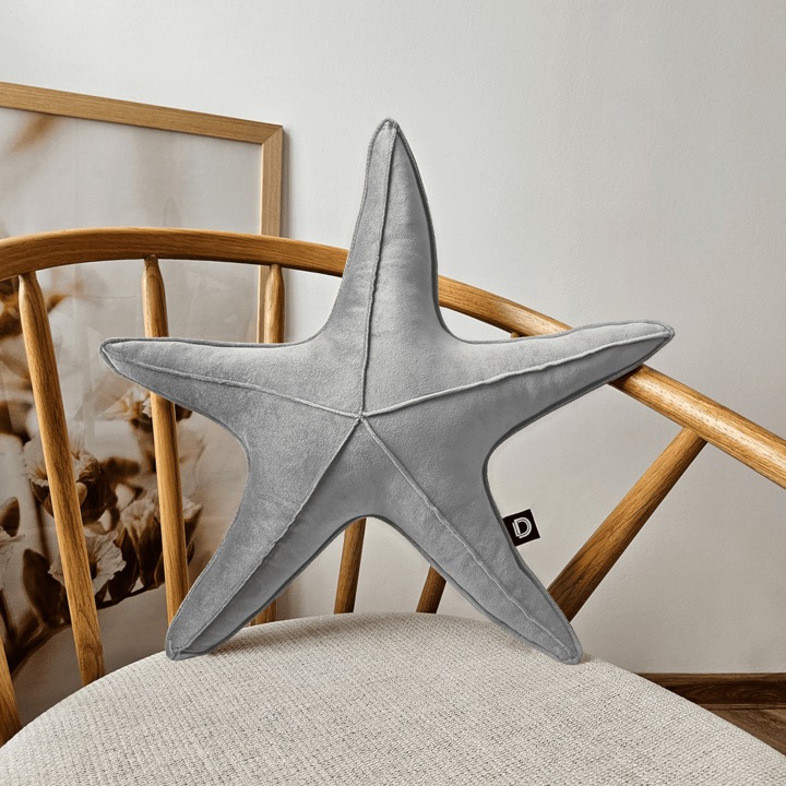 Decordruk díszpárna, bársony, tengeri csillag mintás, szürke, 53x53x13cm