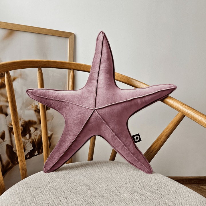 Decordruk díszpárna, bársony, púderrózsaszín, 53x53x13cm, csillag alakú