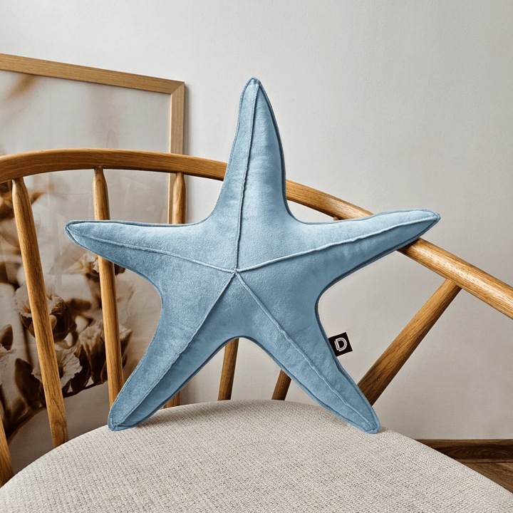 Decordruk díszpárna, bársony, 53x53x13cm, csillag alakú, kék
