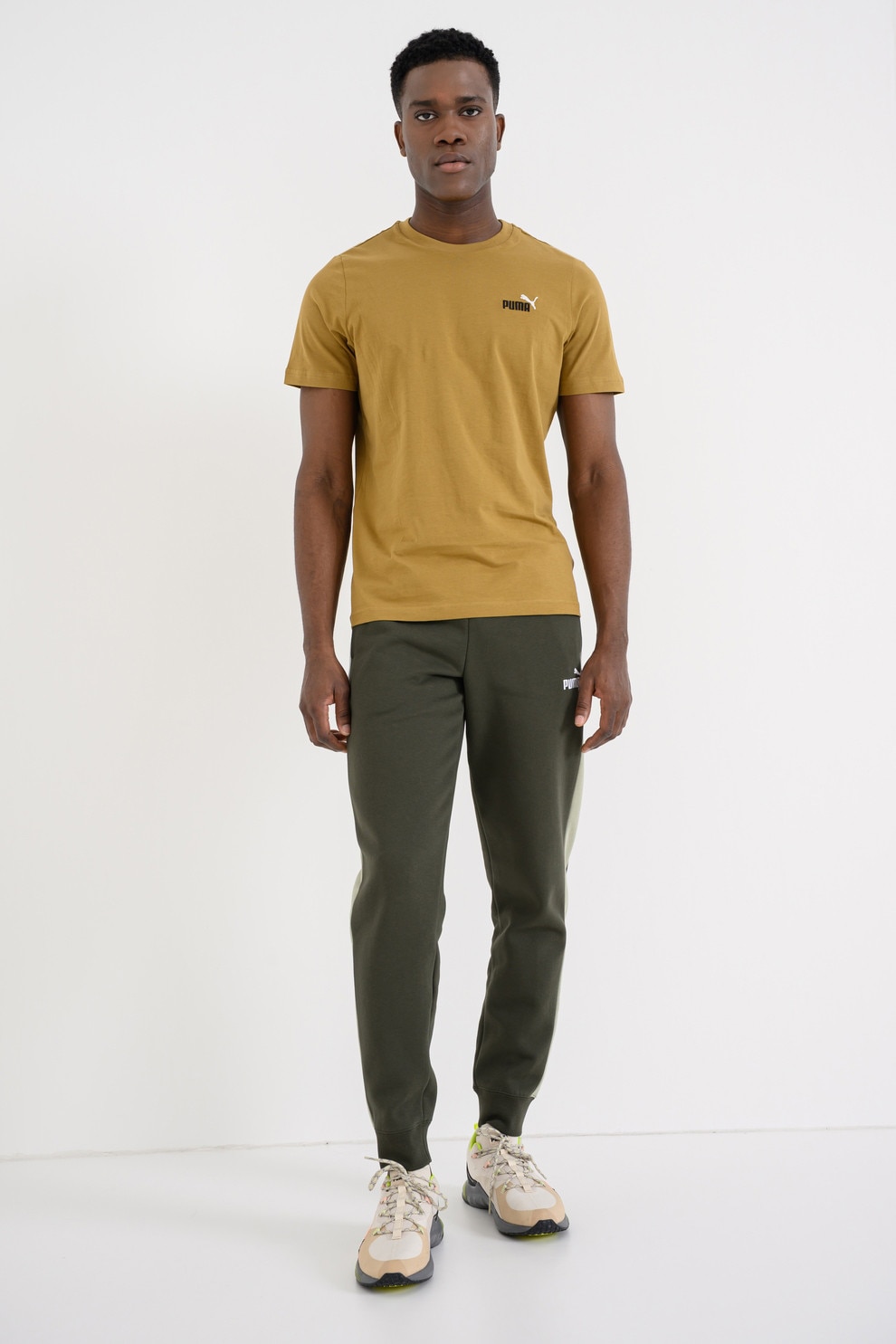 Puma, Tricou de bumbac cu decolteu la baza gatului si logo brodat Essentials 2, Verde masliniu, XXL