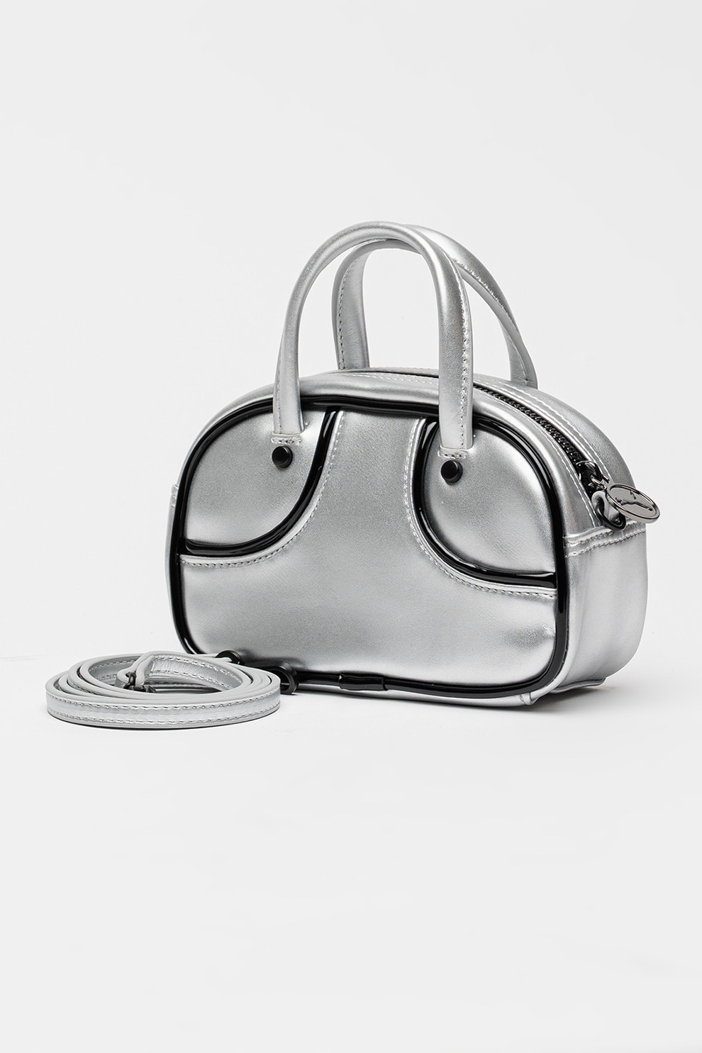Puma, Geanta crossbody cu imprimeu logo Metallic, Negru, Argintiu