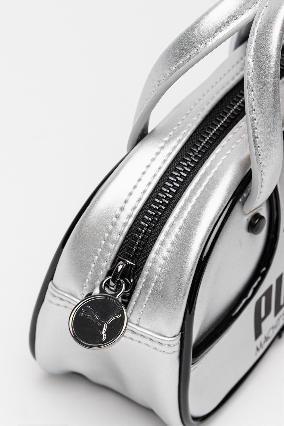 Puma, Geanta crossbody cu imprimeu logo Metallic, Negru, Argintiu