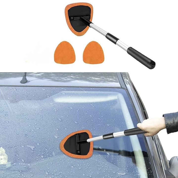 Чистачка за прозорци, идеална за автомобили, дом, въртяща се на 180 градуса, телескопична дръжка, включени 2 микрофибърни кърпи, 35-48 см, оранжева