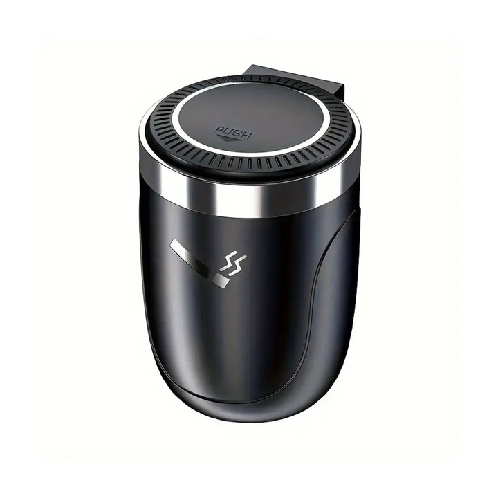 Scrumiera auto cu lumina LED si capac NEXTLY, loc pentru tigara, ABS si aliaj, 10.2x7cm, negru-argintiu