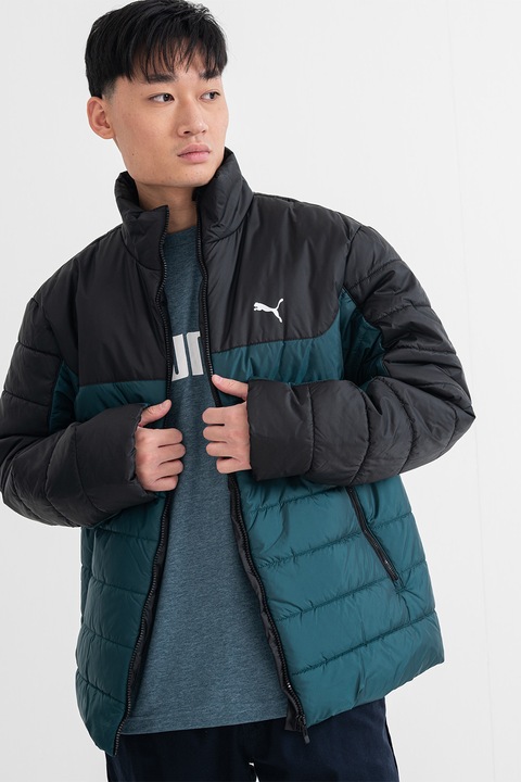 Puma, Капитонирано зимно яке с лого, Черен/Тъмнозелен