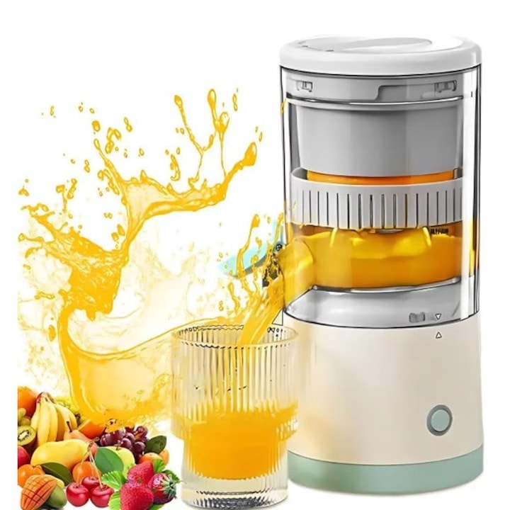 Storcator electric de citrice portabil, 45W, alb-turcoaz, capacitate 500ml, cu cablu USB si perie de curatare