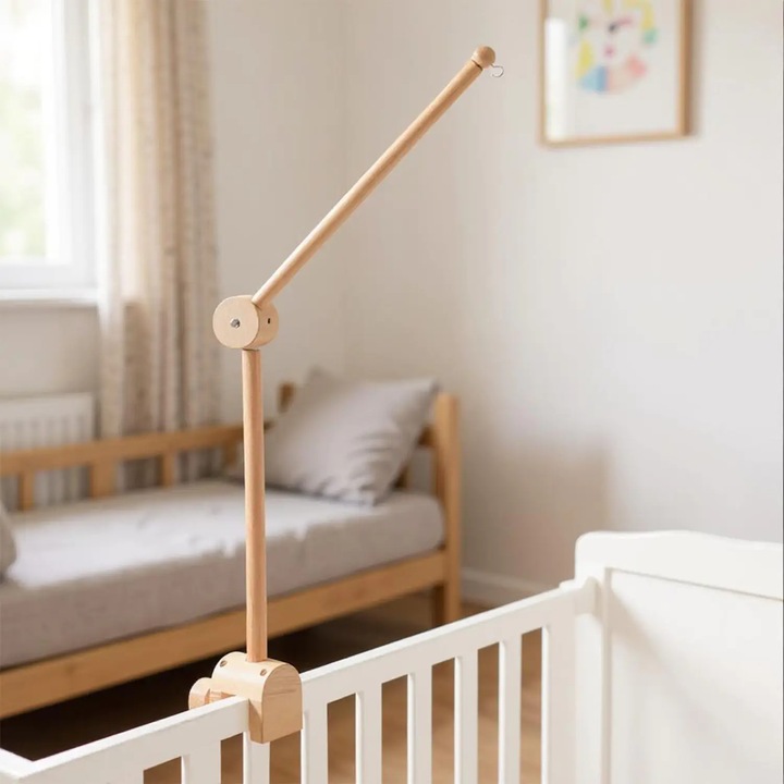 Suport Mobil Elindor® pentru Patut Bebelusi, Suport pentru Carusel Muzical, din Lemn, Reglabil si Flexibil, pentru Jucarii, Decor Camera Copii, Tarc sau Masa de Infasat Bebe, Brat Rotativ 360°, 68 x 31.6cm, Maro Deschis