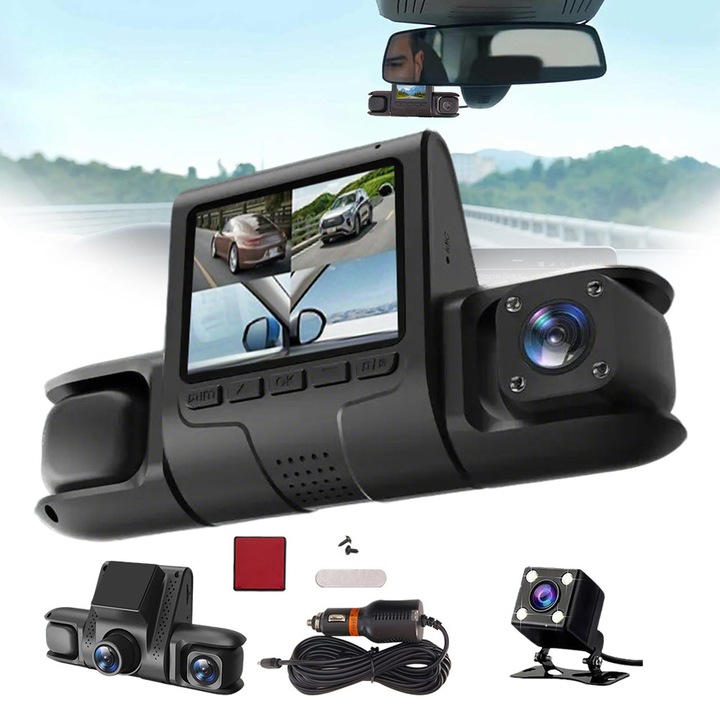 Камера за автомобил DVR 4 канала, 1080P, нощно виждане, G-сензор, черна, 13.5x7x5.4cm, комплект с карта 128GB