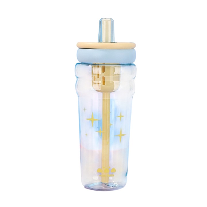 Чаша със сламка, модел Mixbo със звездички, с дръжка, пластмасова, жълта, 500 мл