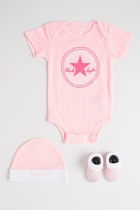 Converse, Set de body-uri, botosei si caciula cu logo - 3 piese, Alb/Roz deschis, 74-80 CM