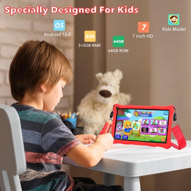 Tableta copii LULUGTI 7 inch Android 13 rosu 64GB 3+5GB RAM