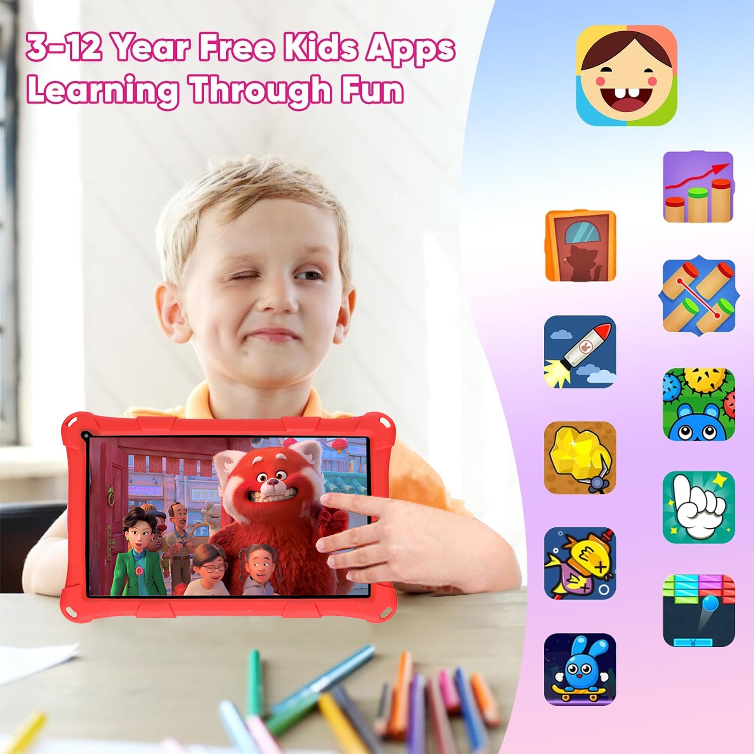 Tableta copii LULUGTI 7 inch Android 13 rosu 64GB 3+5GB RAM