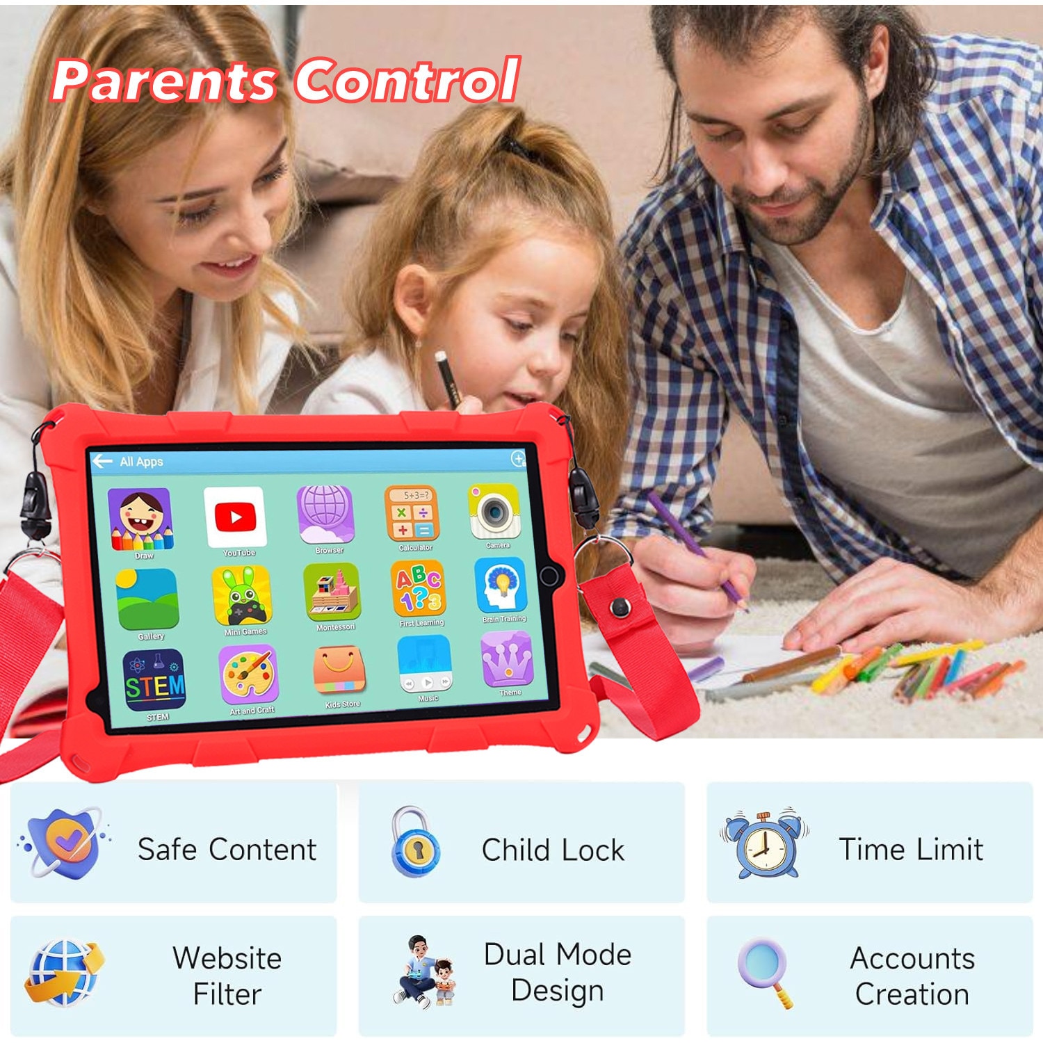 Tableta copii LULUGTI 7 inch Android 13 rosu 64GB 3+5GB RAM
