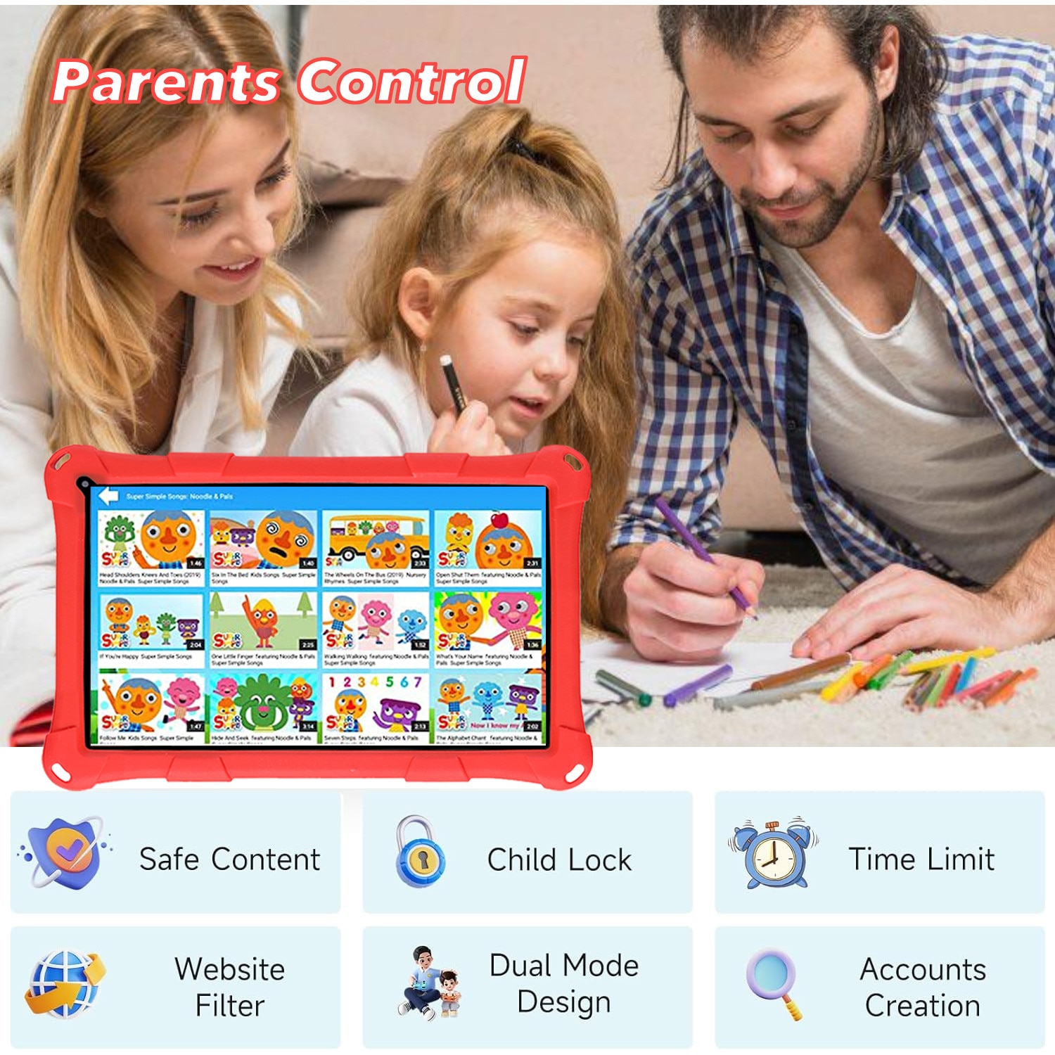 Tableta copii LULUGTI 7 inch Android 13 rosu 64GB 3+5GB RAM