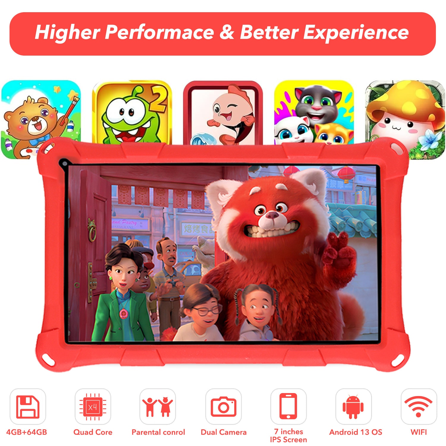 Tableta copii LULUGTI 7 inch Android 13 rosu 64GB 3+5GB RAM