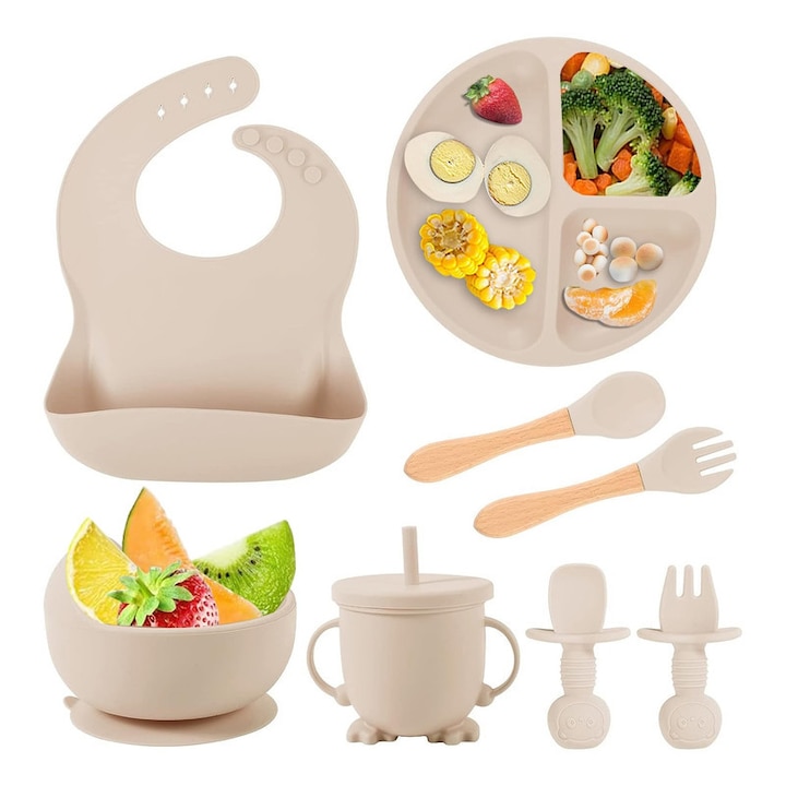 Комплект за хранене за бебета, 8 части, силиконови прибори, лигавник, чиния, купа с вендуза, лъжица и вилица, чаша за закуски, без алергени, бежов