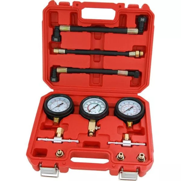 Neilsen nyomásmérő készlet motorkerékpár kompresszió- és üzemanyagnyomás-méréshez, 0-300 psi, 0-7 bar, 0-1 bar, 8x10x12x14mm