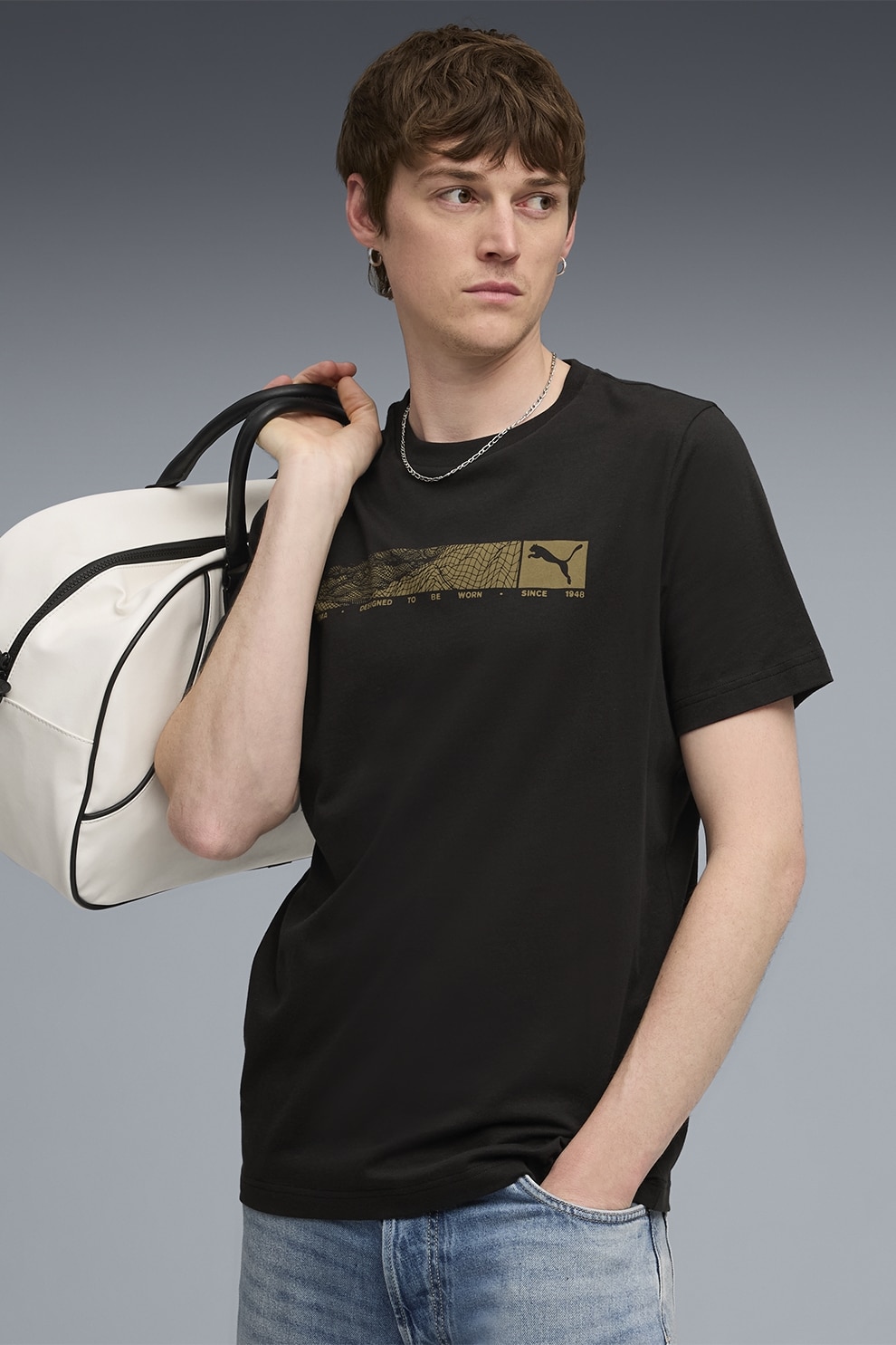 Puma, Tricou cu logo si decolteu la baza gatului, Negru, Maro, M