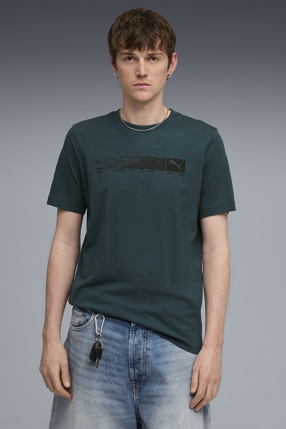 Puma, Tricou cu logo si decolteu la baza gatului, Verde padure, 2XL