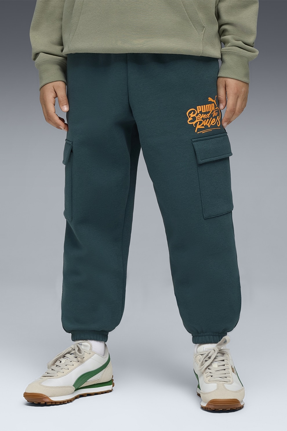Puma, Pantaloni cargo de trening cu imprimeu logo, Verde englez, 164 CM