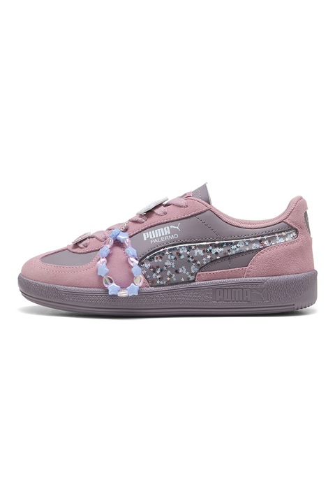 Puma, Pantofi sport de piele intoarsa cu imprimeu Hello Kitty si accesoriu bratara, Gri deschis/Roz somon