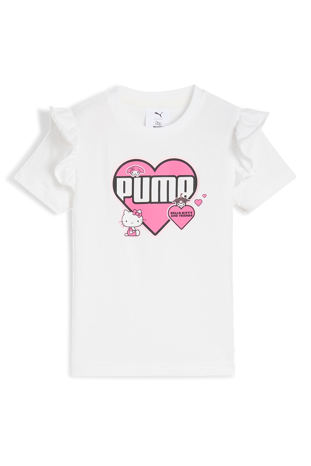 Puma, Tricou din bumbac cu volane si imprimeu, Alb, Negru, Roz pastel, 104 CM