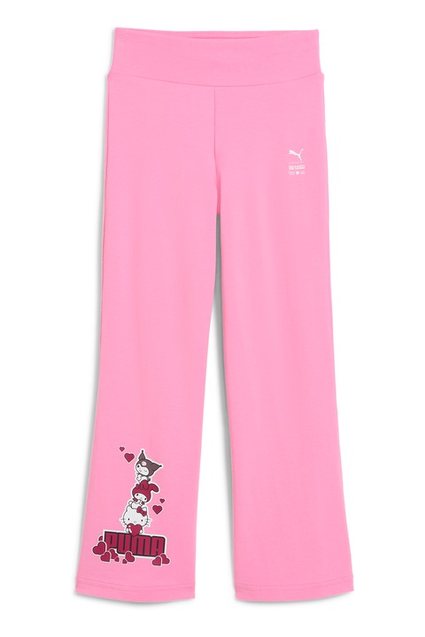 Puma, Pantaloni cu croiala ampla si imprimeu Hello Kitty, Alb/Roz zmeuriu/Roz pastel