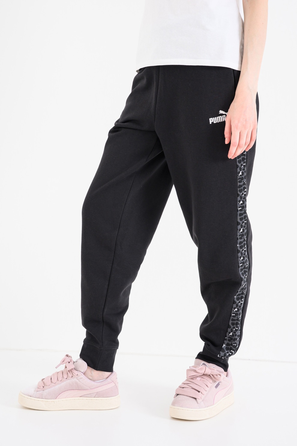 Puma, Pantaloni de trening cu imprimeu grafic si benzi laterale contrastante Ess, Negru stins, L