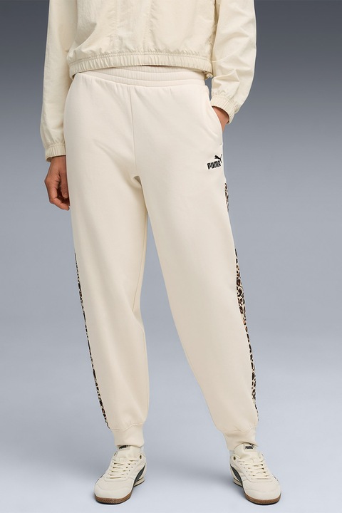 Puma, Pantaloni de trening cu imprimeu grafic si benzi laterale contrastante Ess, Alb fildes