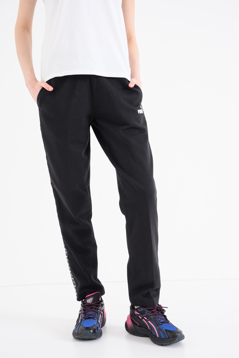 Puma, Pantaloni de trening cu benzi laterale cu logo Essentials, Alb murdar, Negru, S