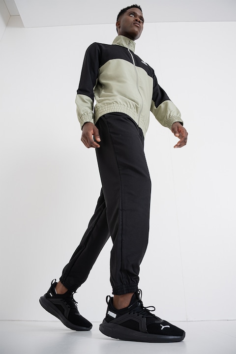 Puma, Спортен екип с цип с дизайн с цветен блок, Черен/Бледозелен