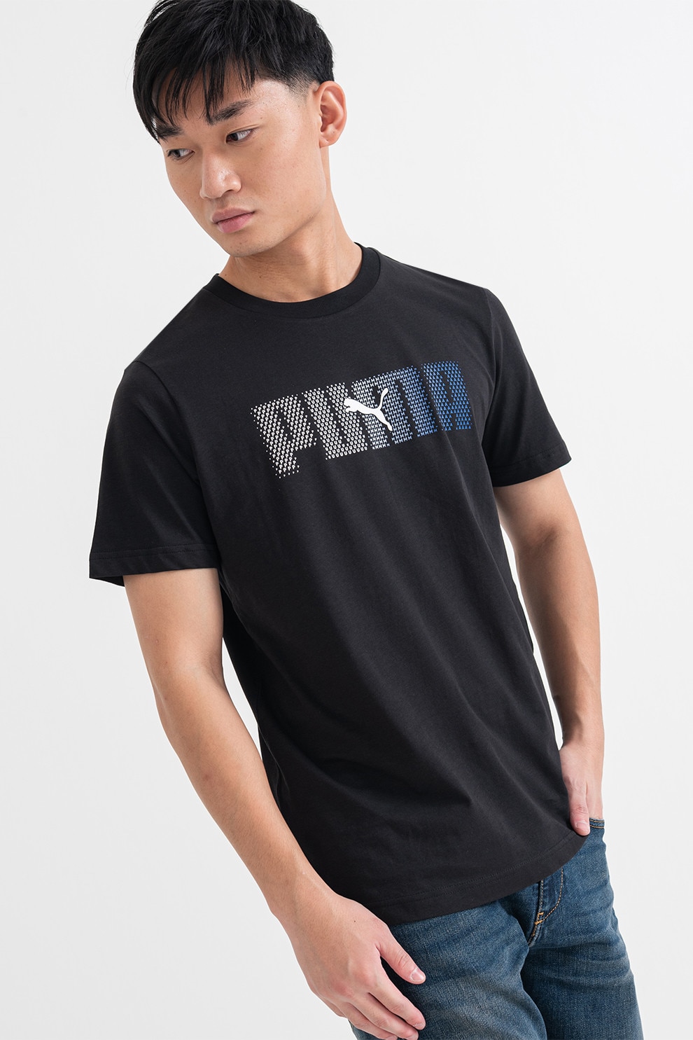 Puma, Tricou din bumbac cu imprimeu logo ESS, Alb, Negru, XL
